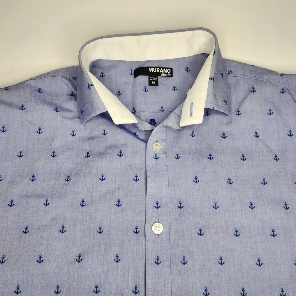 Nautical Blue Anchors Button-Up Short Sleeve‎ Casual Men's Slim M Shirt Cotton